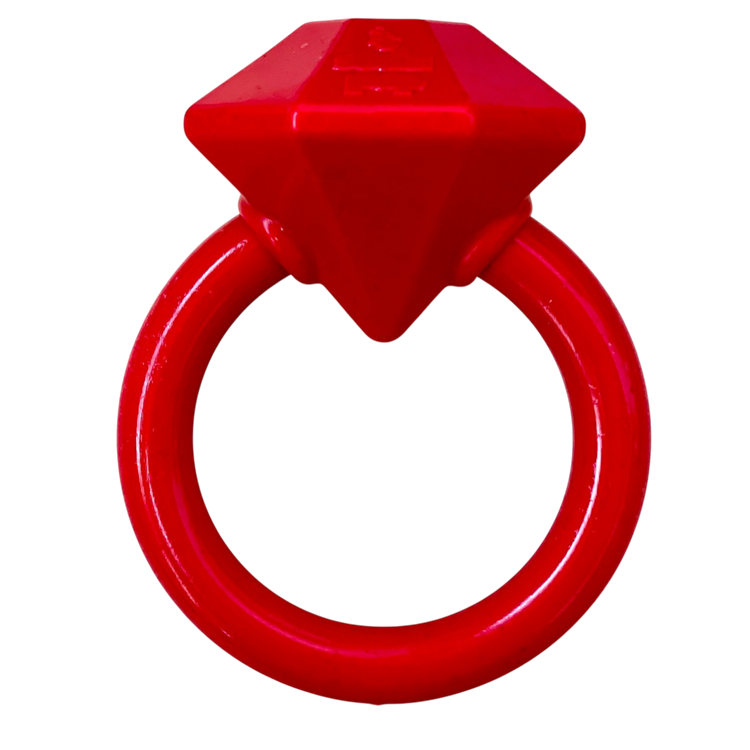 Red diamond teething ring with round loop, side view