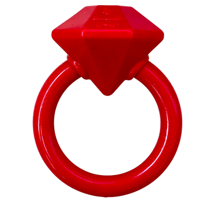 Red diamond teething ring with round loop, side view