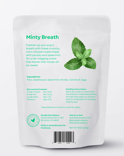 Minty Breath dog treat bag back with mint leaf graphic and ingredient text