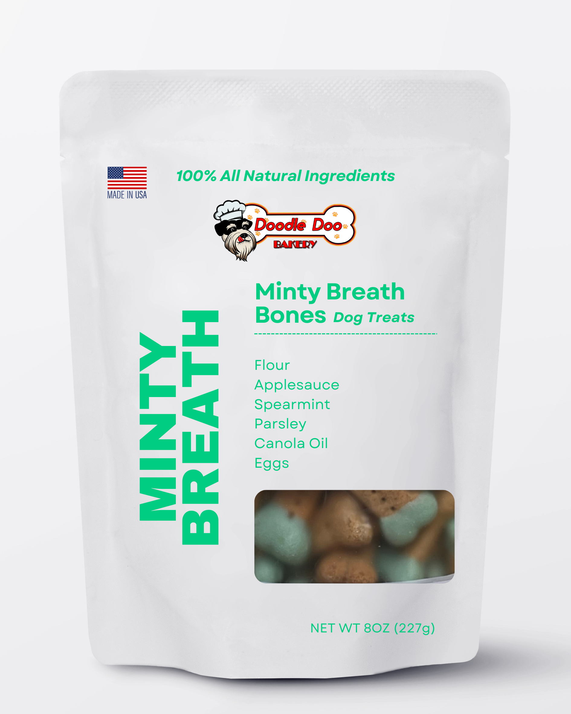 Minty Breath dog treat bag with green label and product window showing biscuits