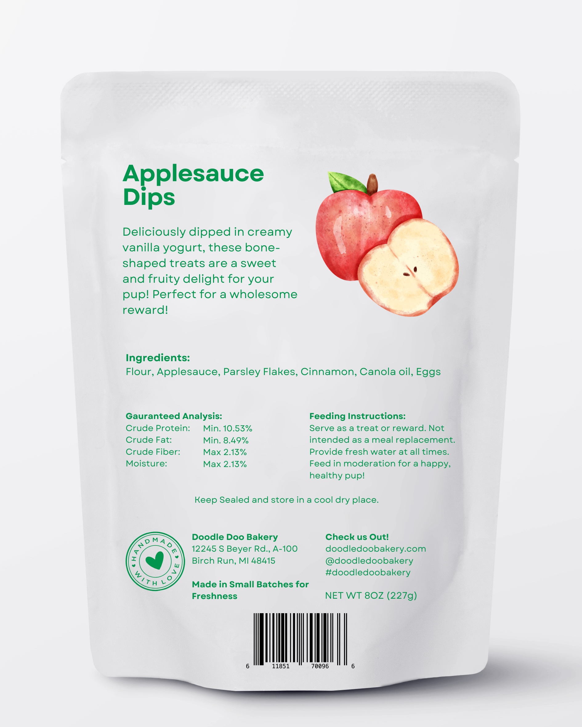 Applesauce dips dog treat pouch, back panel with ingredients and feeding instructions.