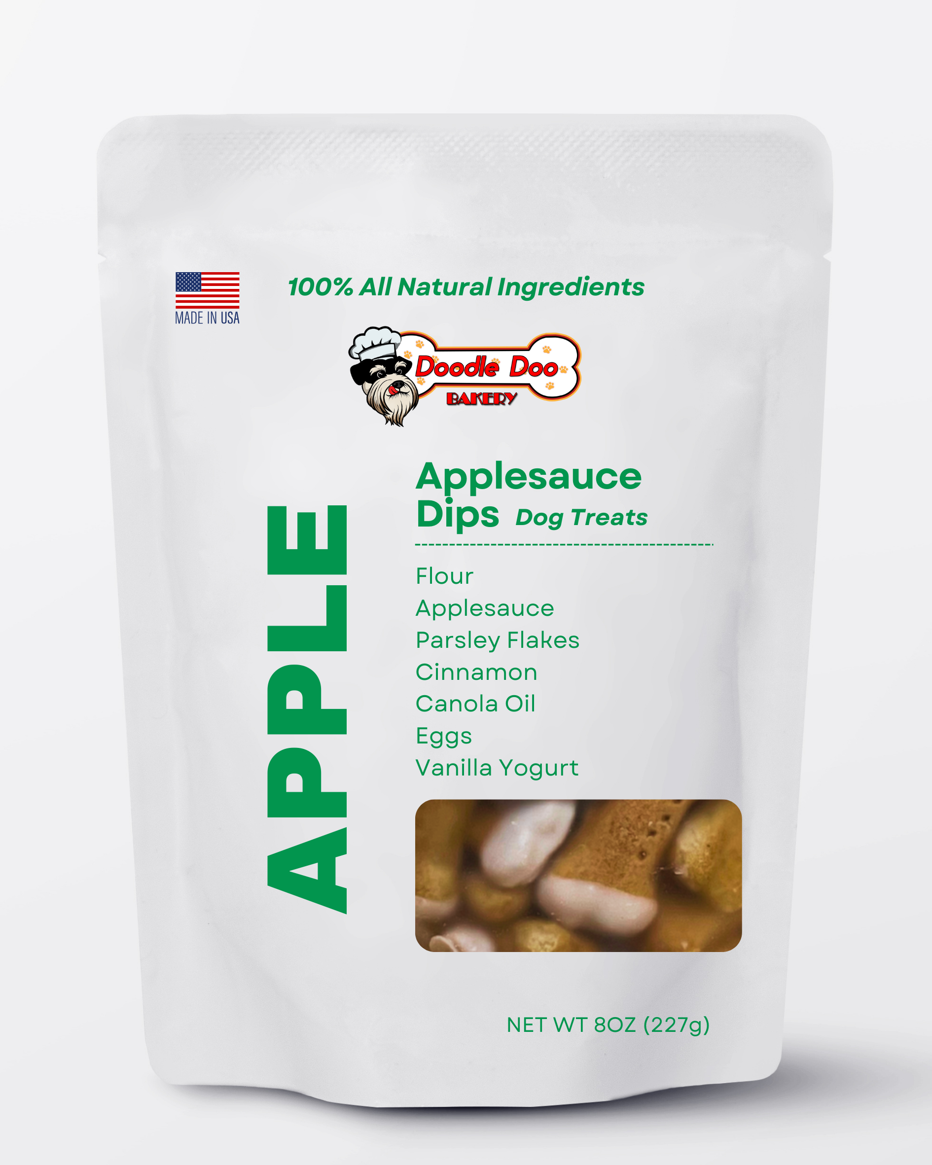 Applesauce dips dog treat pouch, 8 oz; front label with ingredient list.