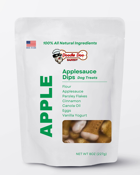 Applesauce dips dog treat pouch, 8 oz; front label with ingredient list.