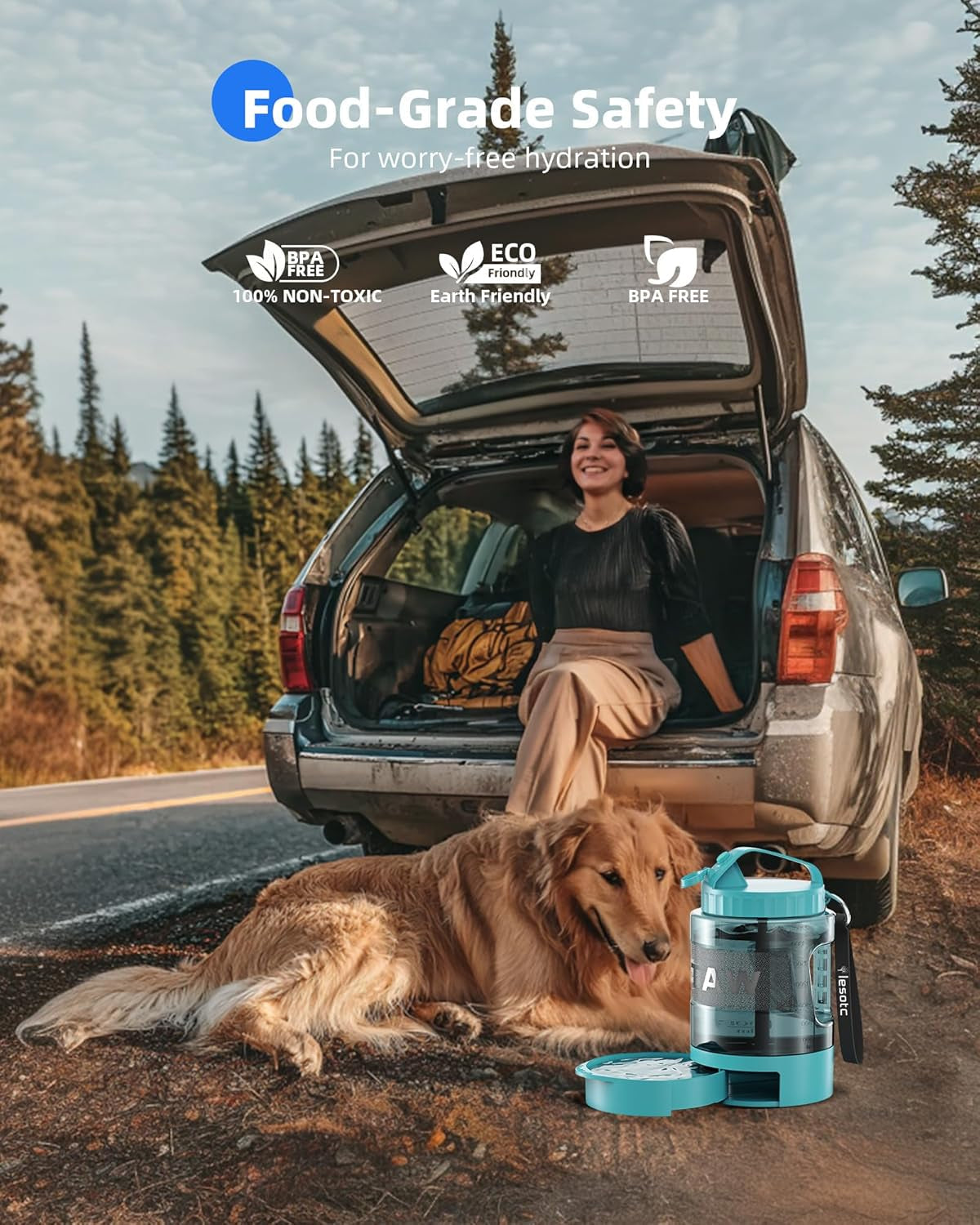 Teal dog travel water bottle with spill-proof drinking bowl for on-the-go hydration
