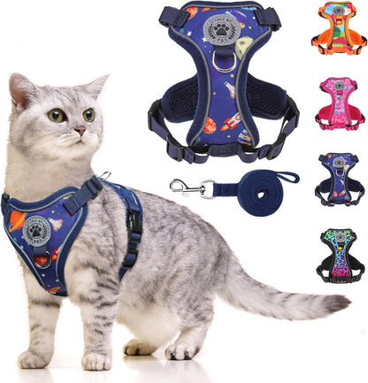 Adjustable cat harness and leash in navy with colorful paw print accents