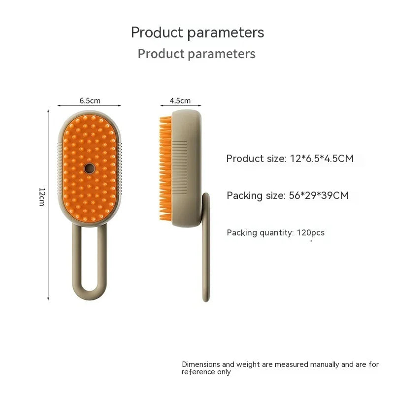 Cat steam spray brush dimensions diagram with orange dotted pad and beige handle