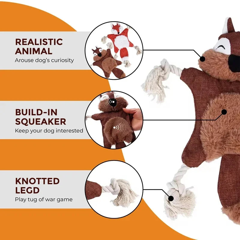 Plush dog toy with knotted rope legs and built-in squeaker for interactive play