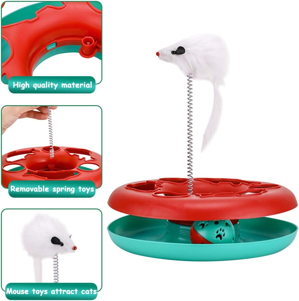 Red cat toy base with white spring mouse and teal outer tray