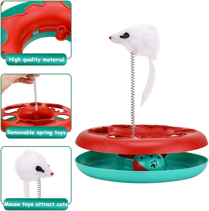 Red cat toy base with white spring mouse and teal outer tray