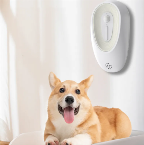 Wall-mounted odor eliminator device, white oval with indicator button and lower vent