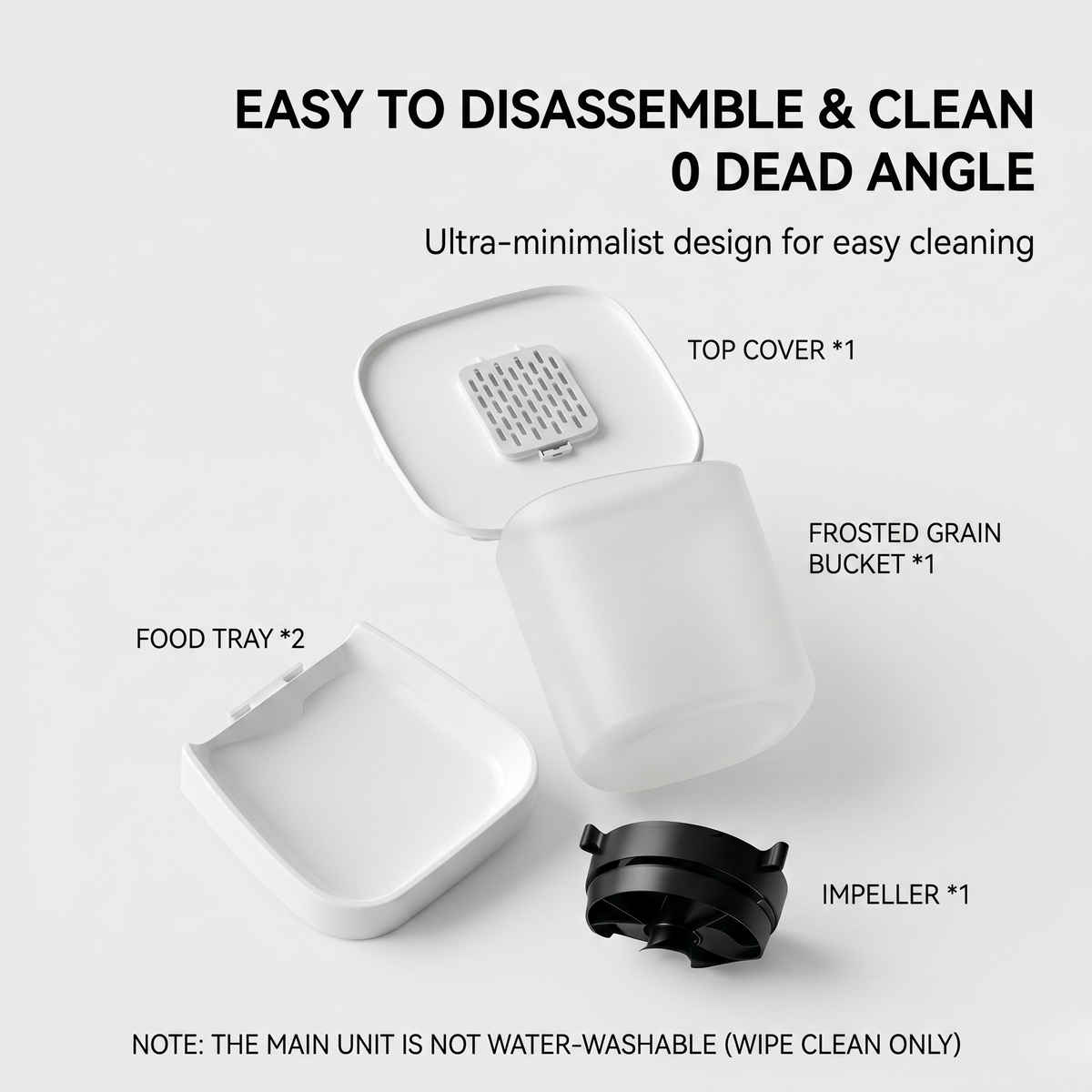 Smart pet feeder parts: top cover, frosted hopper, food tray, and impeller