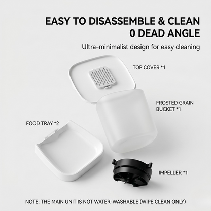 Smart pet feeder parts: top cover, frosted hopper, food tray, and impeller