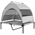 Elevated pet bed with gray canopy and mesh sides for dog or cat comfort and airflow