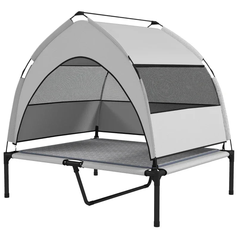 Light gray elevated dog bed with removable canopy, dark mesh windows, and padded mat