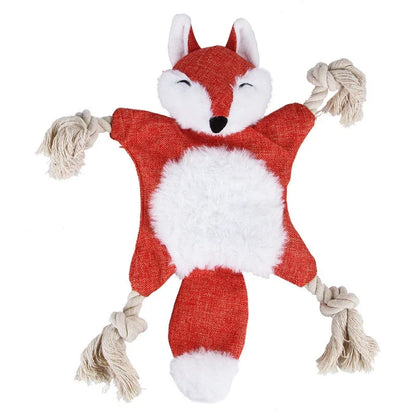 Cute fox-shaped dog toy with rope tassels for chewing and pulling play