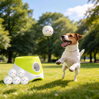 Green and white automatic dog ball launcher with top launch hole and side opening