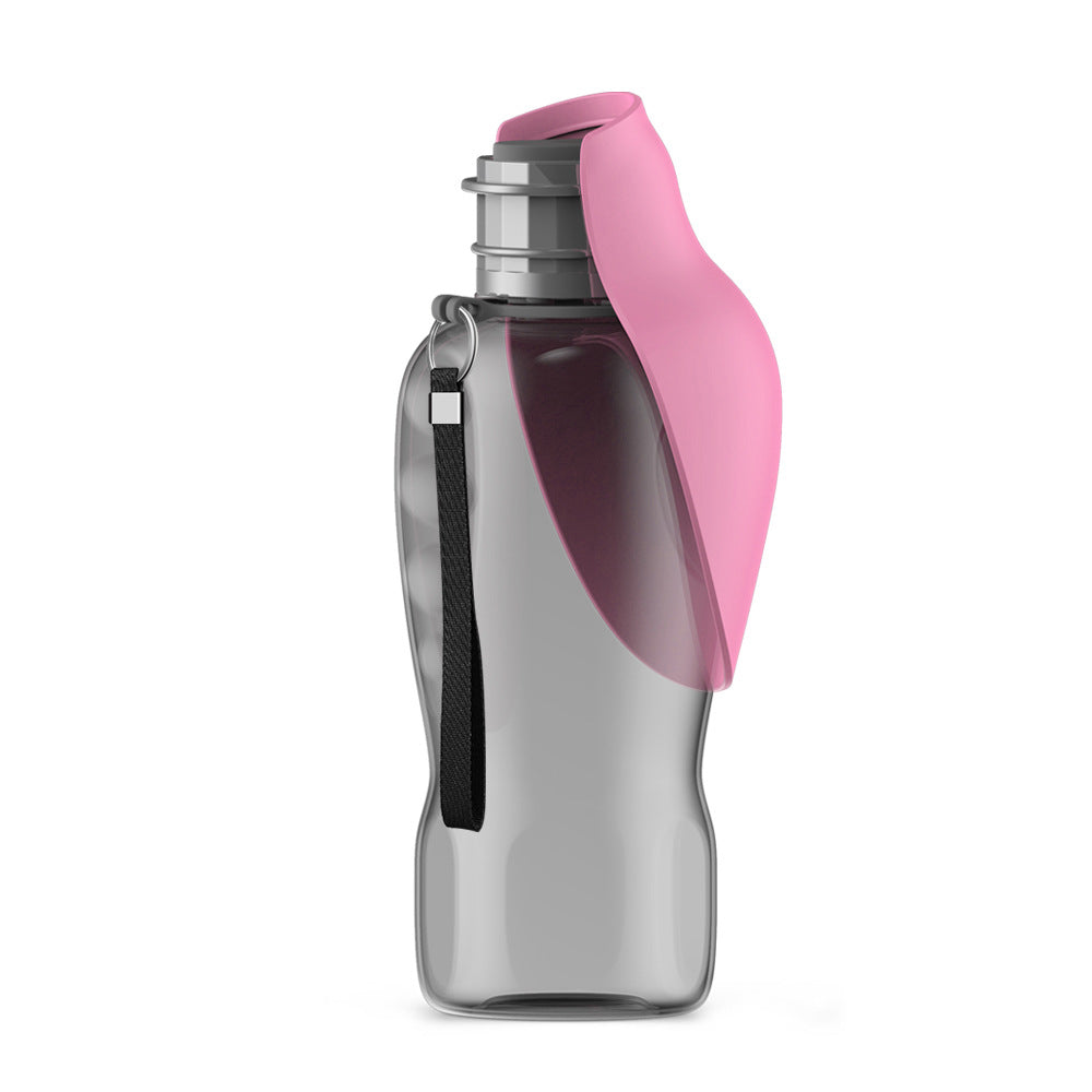 Portable dog water bottle with built-in drinking bowl, pink and clear body