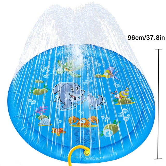 Blue inflatable sprinkler mat with cartoon sea creatures under a domed water spray