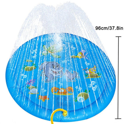 Blue inflatable sprinkler mat with cartoon sea creatures under a domed water spray