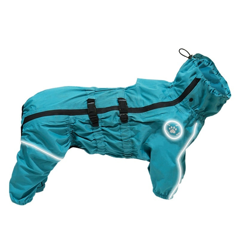 Waterproof lake blue four-legged dog raincoat with front buckles and paw emblem