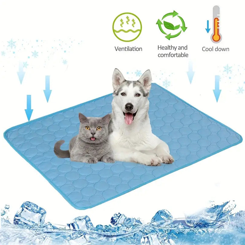 Blue cooling pet mat with pets lying on the textured honeycomb surface
