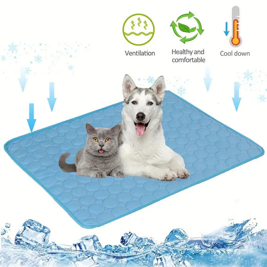Blue cooling pet mat with pets lying on the textured honeycomb surface