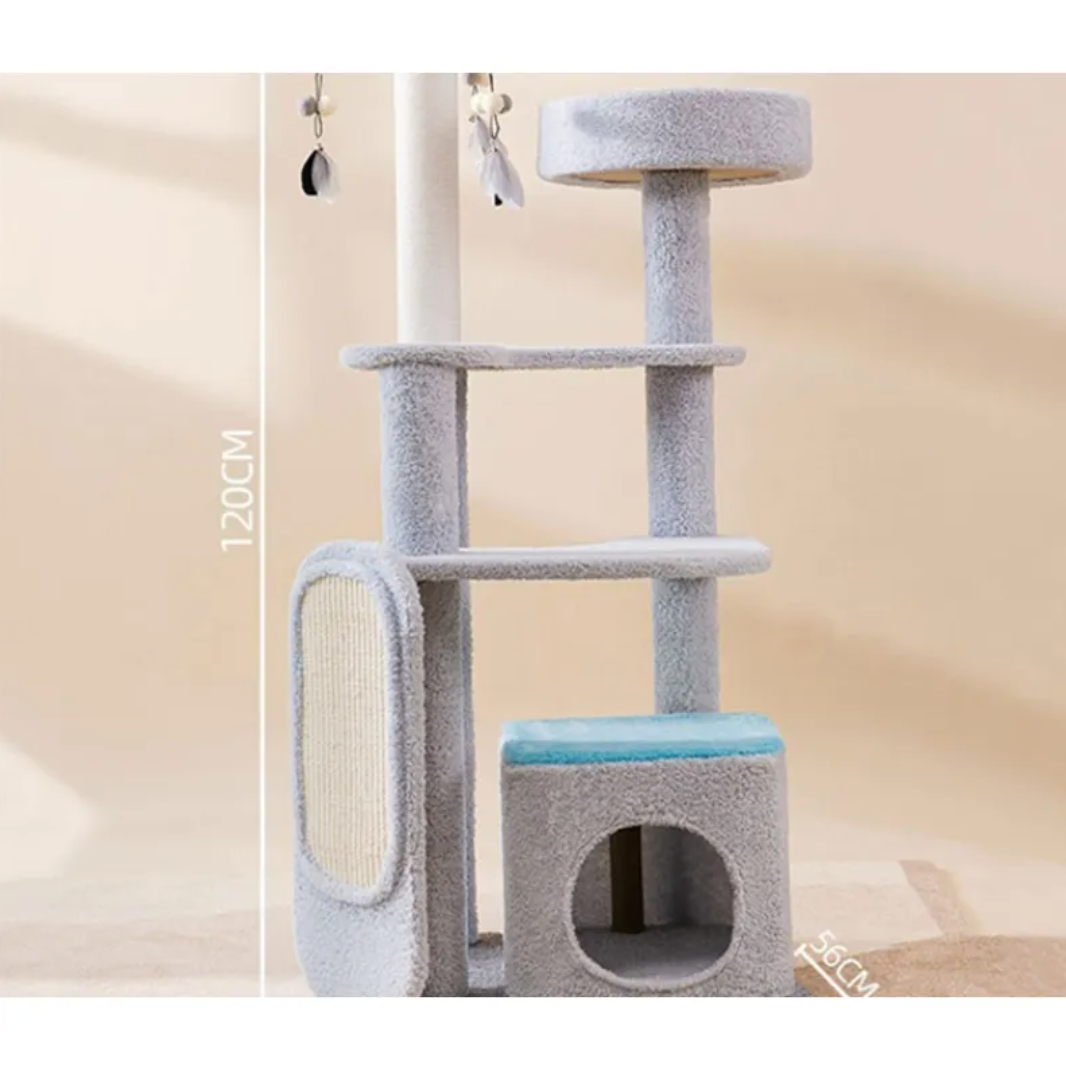 Cat scratching and climbing tower with gray posts, beige sisal pad, and blue and yellow shelves