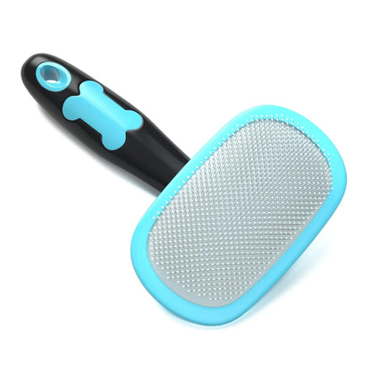 Blue rubber bristle shedding brush with black handle and comfort grip