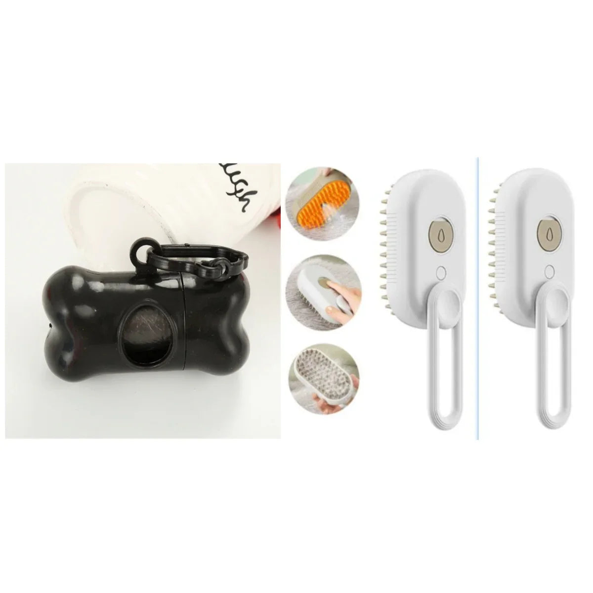Cat steam spray brush set with two white handles and comb heads, plus black carrying case