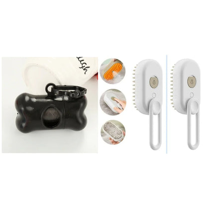 Cat steam spray brush set with two white handles and comb heads, plus black carrying case