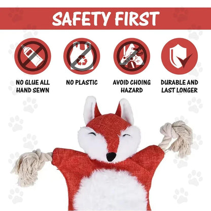 Hand-sewn fox pet toy with rope, safe for dogs and cats, no plastic or glue, durable design