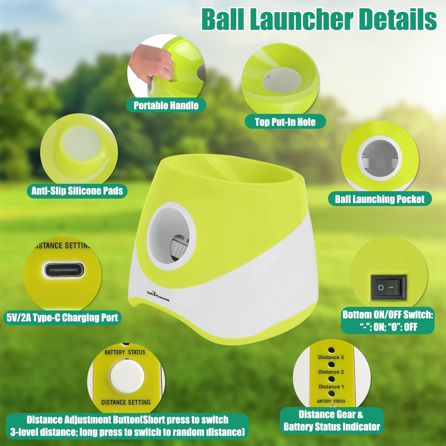 Green and white ball launcher detail view with top hole, pocket, and charging port