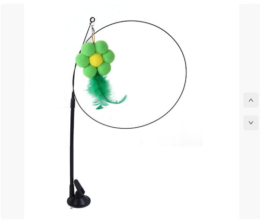 Cat teaser toy double rod with green pom-pom toy, feather tail, and suction base