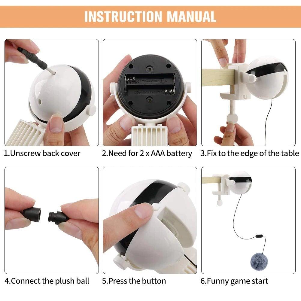 Cat toy assembly showing white unit with black dome and side mounting pieces