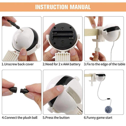 Cat toy assembly showing white unit with black dome and side mounting pieces