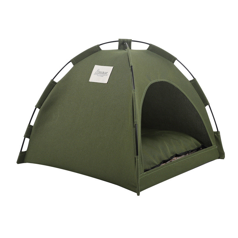 Green pet tent bed with zippered front and black interior panel