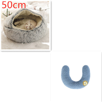 Grey plush pet bed for cats and dogs, 50cm round with curved top opening