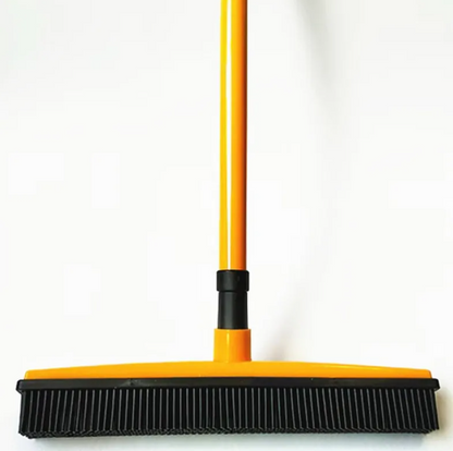 Pet hair removal broom mop with yellow handle, orange base, and black bristle head