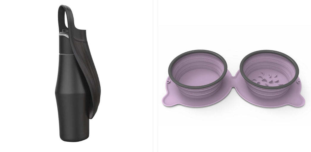 Portable pet dog water bottle set with soft silicone leaf bowls, black and purple