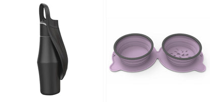Portable pet dog water bottle set with soft silicone leaf bowls, black and purple