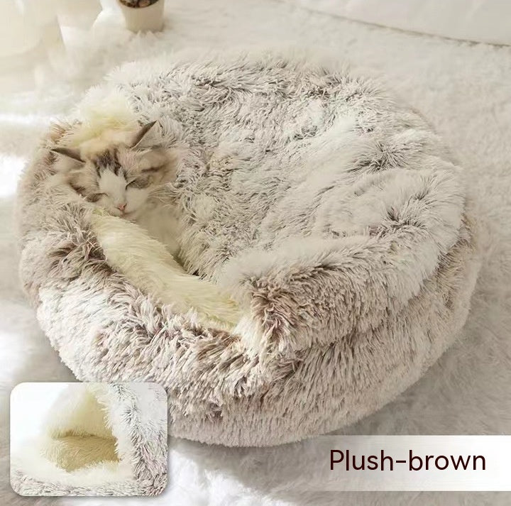 Cozy winter plush pet bed, round brown shag exterior with soft inner padding for pets.