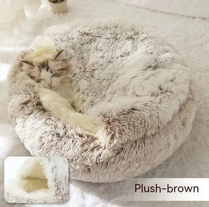 Cozy winter plush pet bed, round brown shag exterior with soft inner padding for pets.