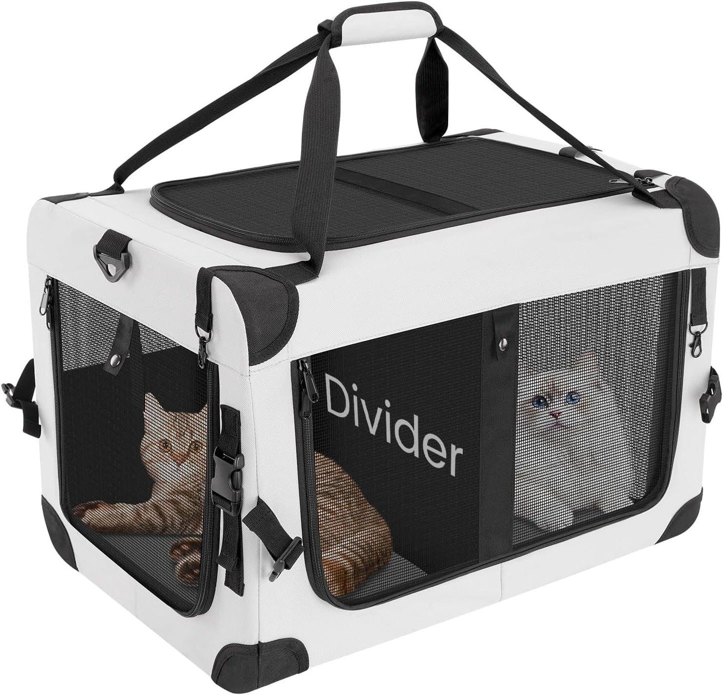 Soft-sided cat carrier with mesh windows and divider, grey/black, top handle.