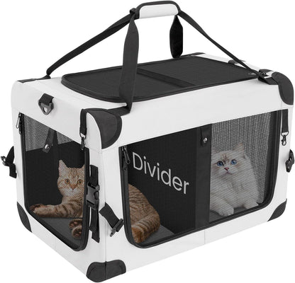 Soft-sided cat carrier with mesh windows and divider, grey/black, top handle.