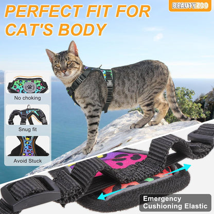 Cat harness and leash, snug fit black straps with colorful paw print