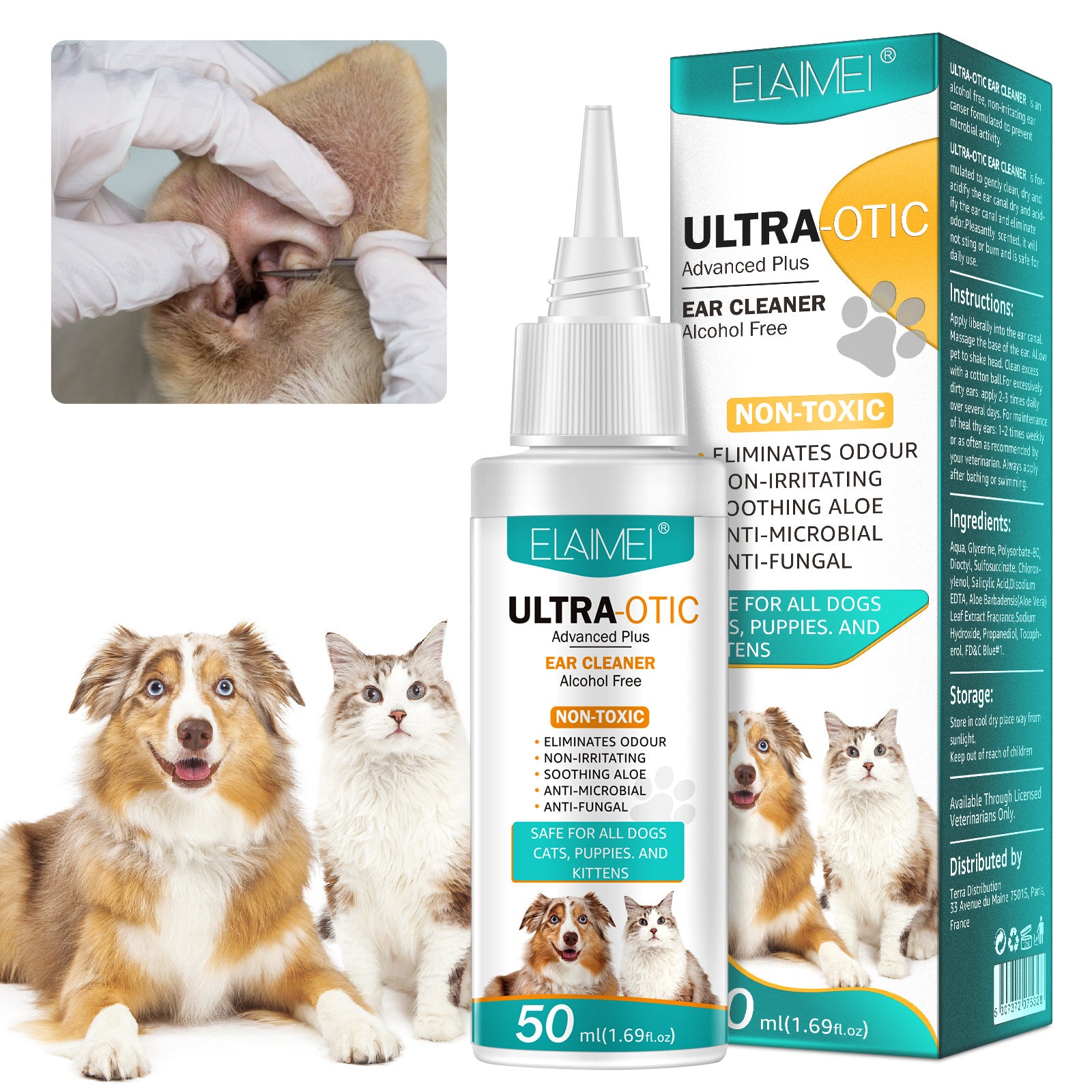 Pet ear cleaner bottle and box, 50 ml, with applicator nozzle for animal ears