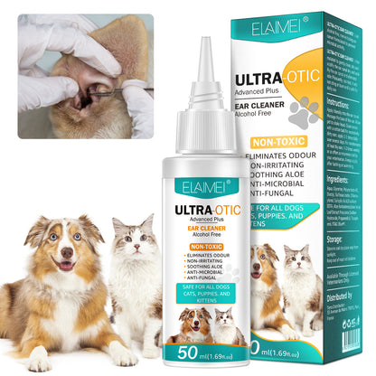 Pet ear cleaner bottle and box, 50 ml, with applicator nozzle for animal ears