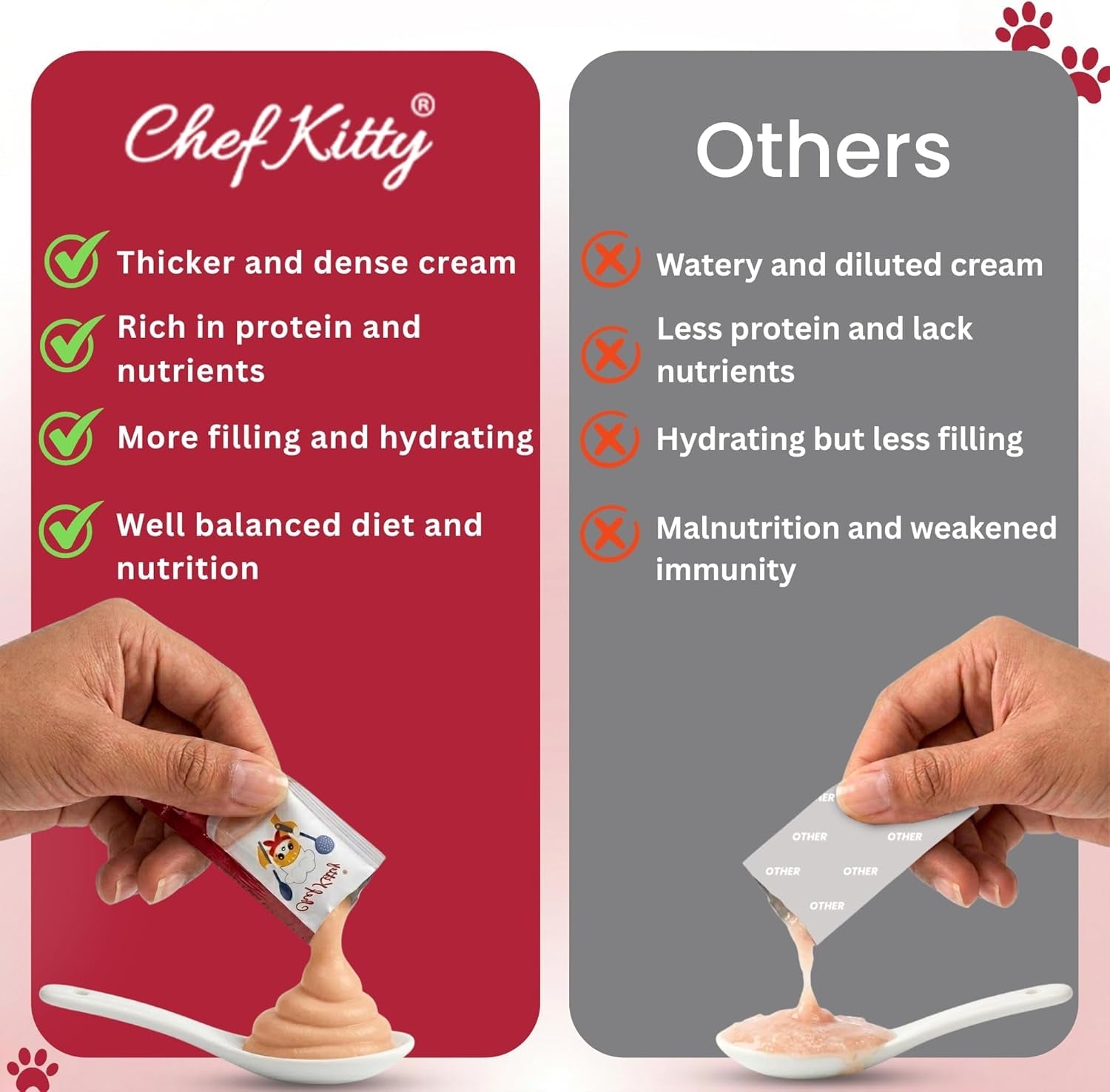 Cat puree tube comparison showing thick cream vs watery diluted cream