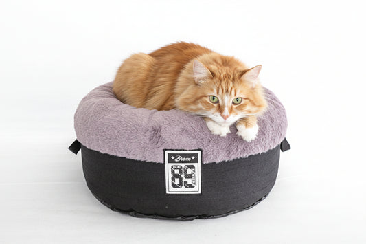 Semi-enclosed cat sleeping bag bed with dark outer and lavender plush top