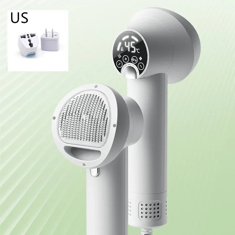 Pet hair dryer with round blowing comb nozzle and temperature display, white and gray
